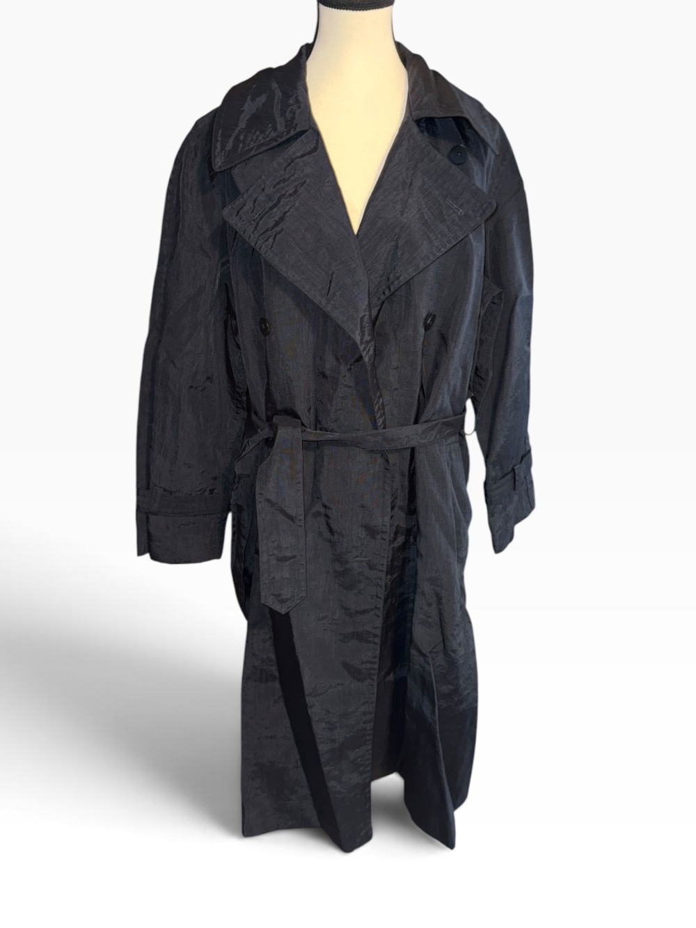 Donna Karan New York Essentials Black Nylon Trench Coat Belted M Vintage 1990’s